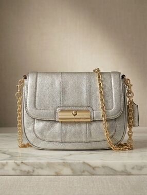 Coach Silver Leather Chain Crossbody with Gold Hardware